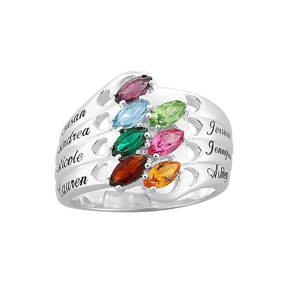 Personalized Planet Marquise Birthstone Ring, Silver Tone, Family Name Hearts, 8 Austrian Crystals