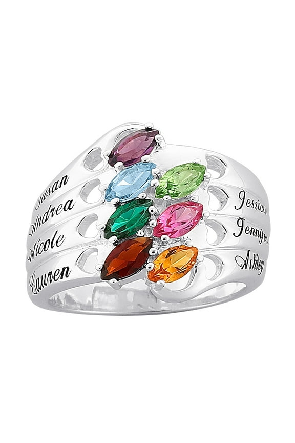Marquise Birthstone Ring, Silver Tone, Family Name Hearts, 8 Austrian Crystals
