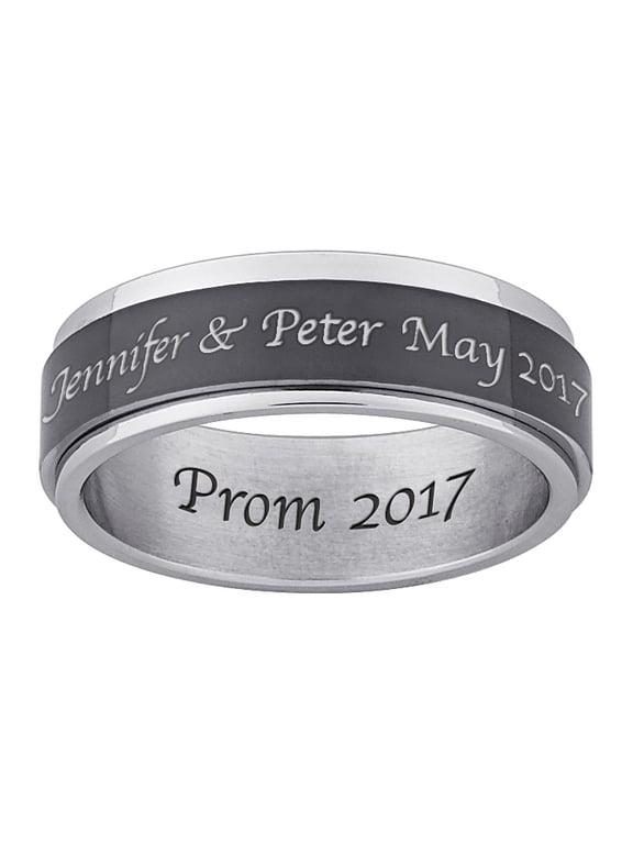 Men's Inside and Top-Engraved Spinner Ring in Black and White Stainless Steel ,Women's