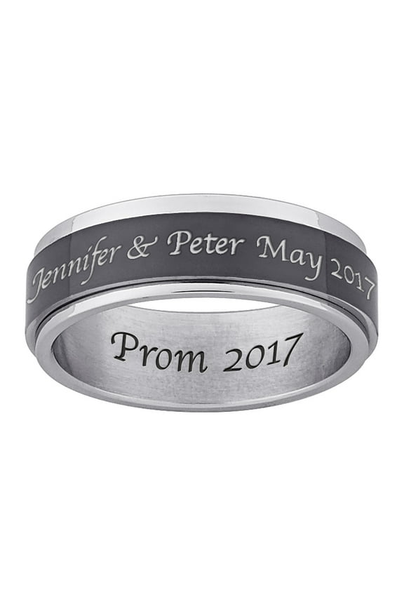 Men's Inside and Top-Engraved Spinner Ring in Black and White Stainless Steel ,Women's