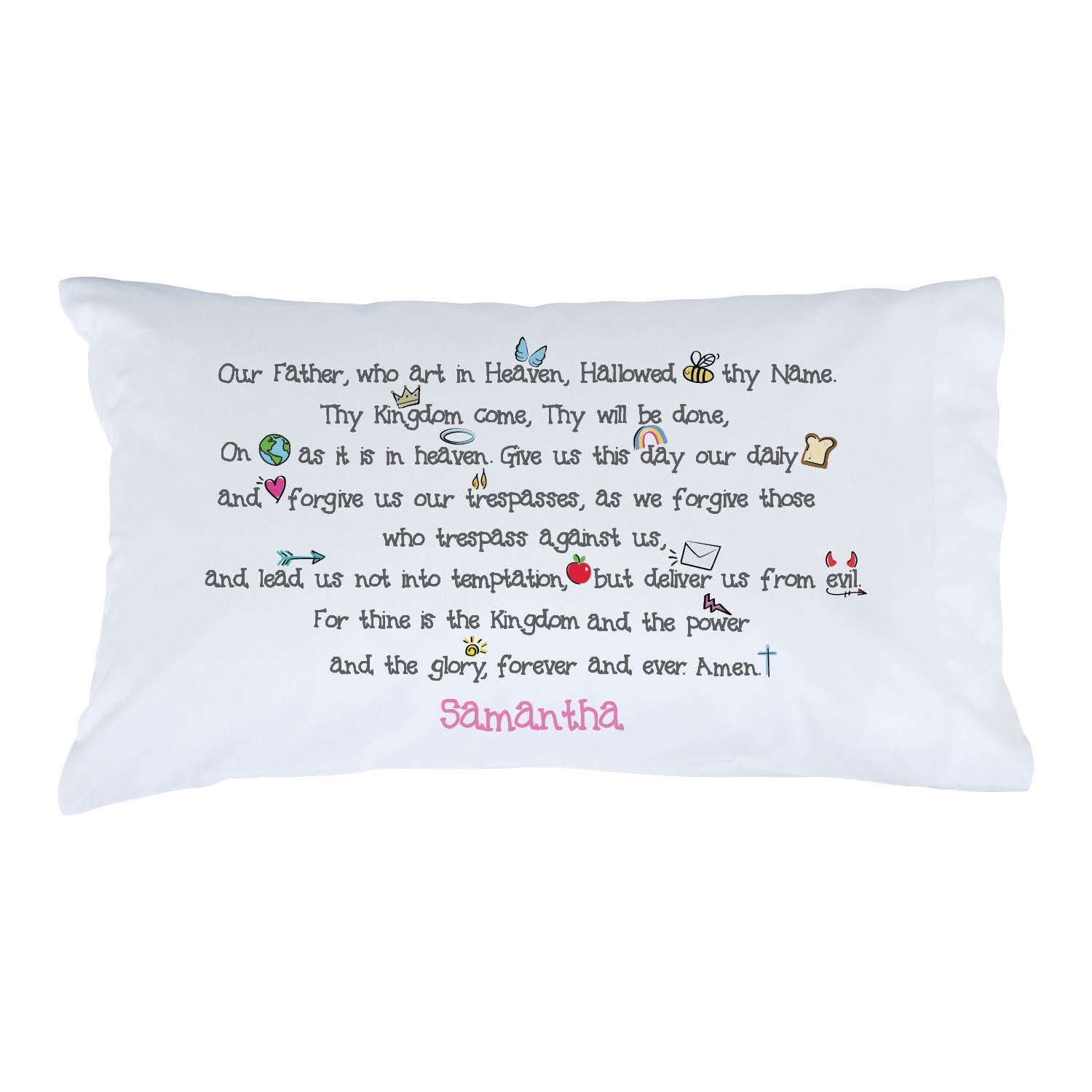 Personalized Planet Our Father Prayer White Pillowcase with Custom Pink Name Printed | Fun Spiritual Bedroom Décor for Children | Standard Queen Size Pillow Cover | 20x31