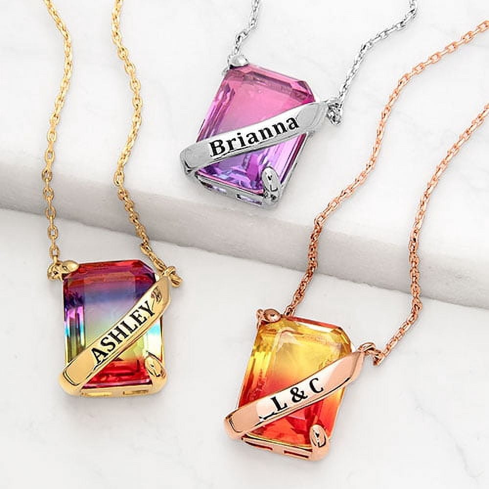 Personalized Planet Personalized Planet Banner Iridescent Crystal Emerald cut necklace ,Women's