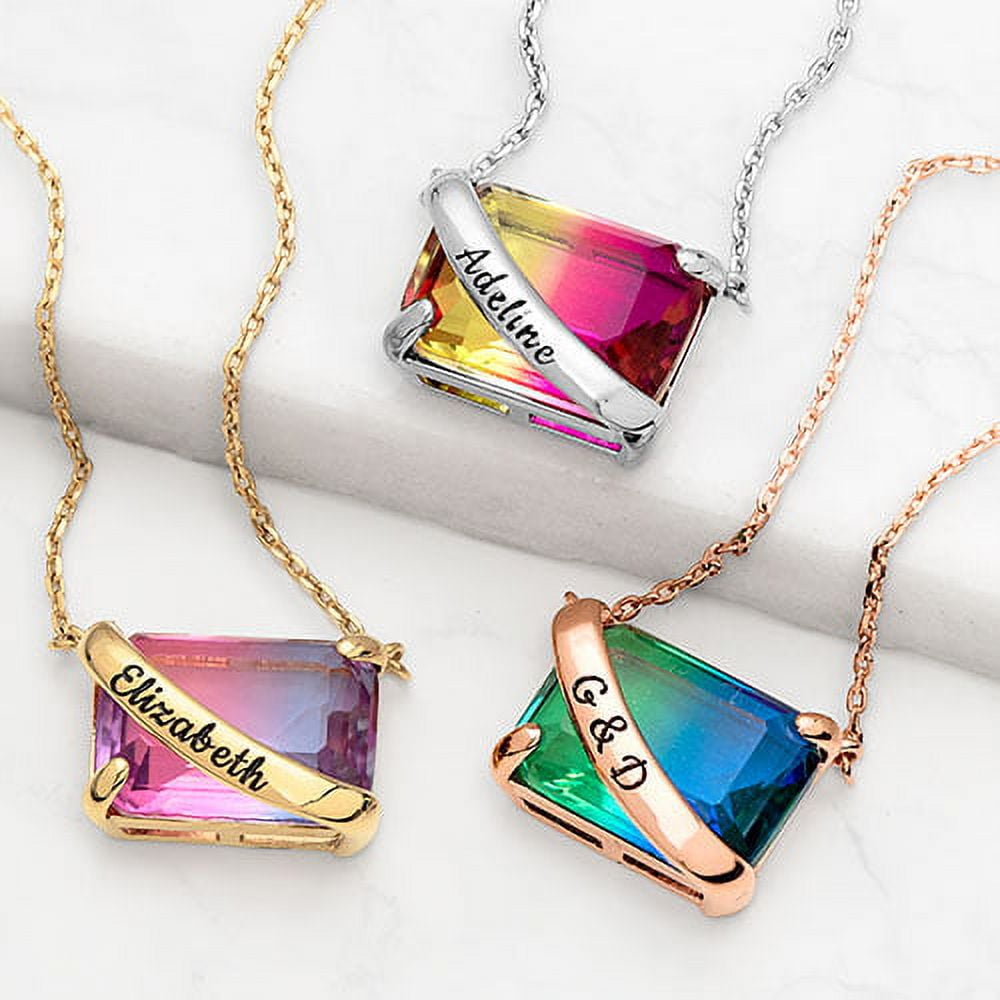 Personalized Planet Personalized Planet Iridescent Crystal Emerald Cut Necklace, East-West ,Women's