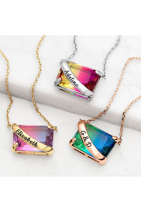 Iridescent Crystal Emerald Cut Necklace, East-West ,Women's