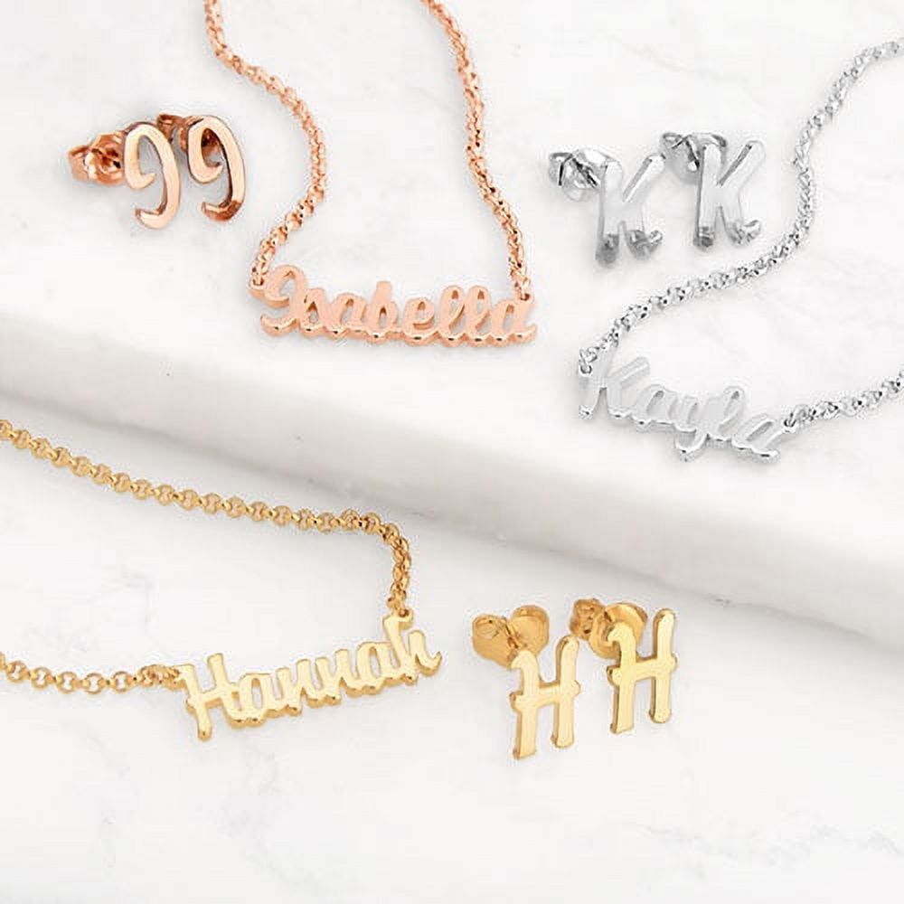 Personalized Planet Petite Script Name Necklace and Initial Earring Set ,Women's