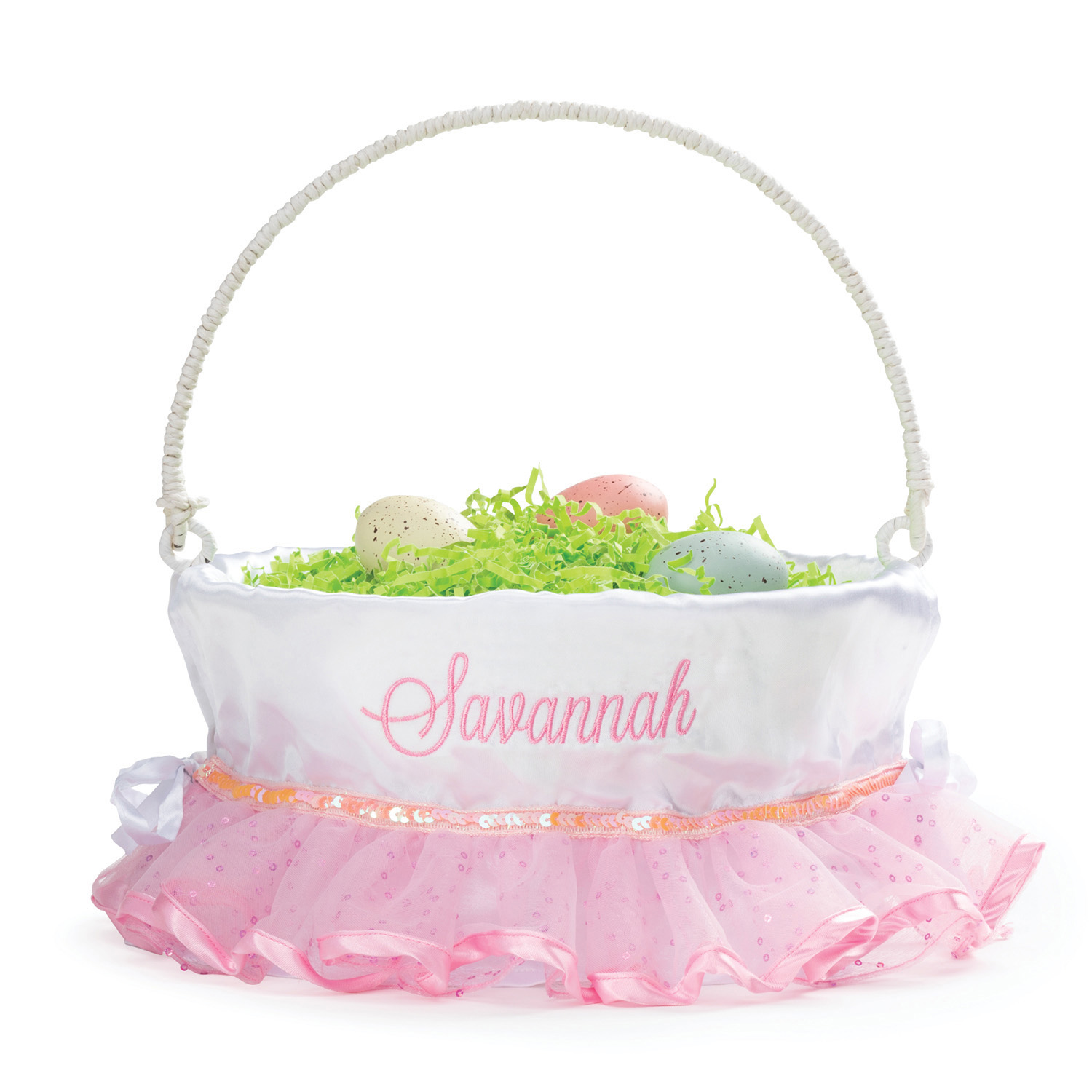 Personalized Planet Pink and White Tutu Liner with Custom Name Embroidered in Pink Thread on White Woven Spring Easter Basket with Collapsible Handle for Egg Hunt or Book Toy Storage - image 1 of 5