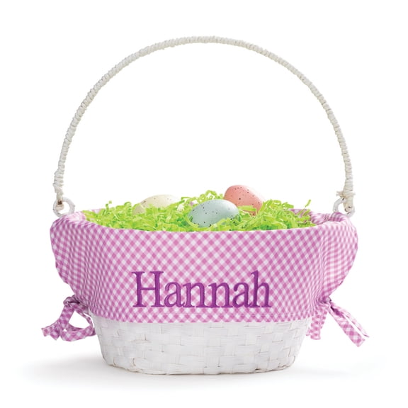 Personalized Planet Purple and White Liner with Custom Name Embroidered in Purple Thread on White Woven Spring Easter Basket with Collapsible Handle for Egg Hunt or Book Toy Storage