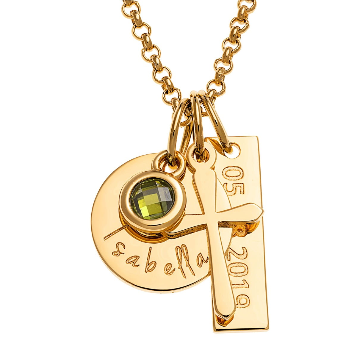 Personalized Planet Rhodium, Gold or Rose Gold Plated Engraved Name, Date, Birthstone and Cross Cluster Necklace ,Women's
