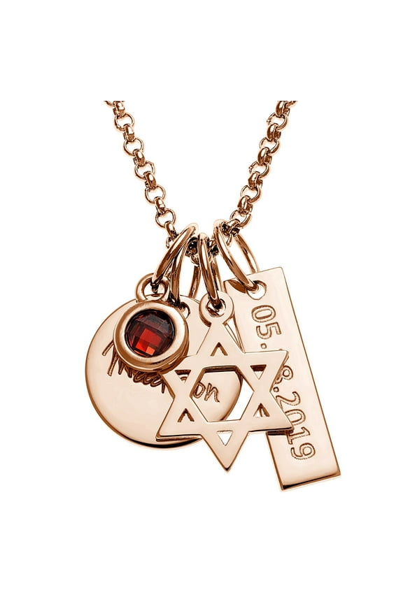 Rhodium, Gold or Rose Gold Plated Engraved Name, Date, Birthstone and Star of David Cluster Necklace ,Women's