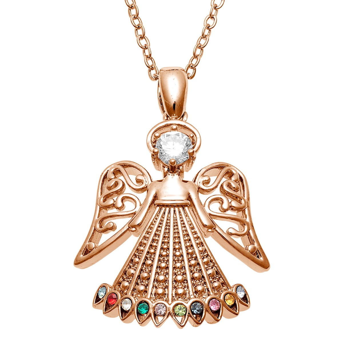 Personalized Planet Rhodium, Gold or Rose Gold Plated Family Birthstone Filigree Angel Necklace ,Women's