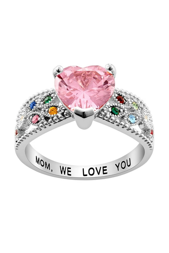 Rhodium, Gold or Rose Gold Plated Family Heart Family Birthstone Ring ,Women's