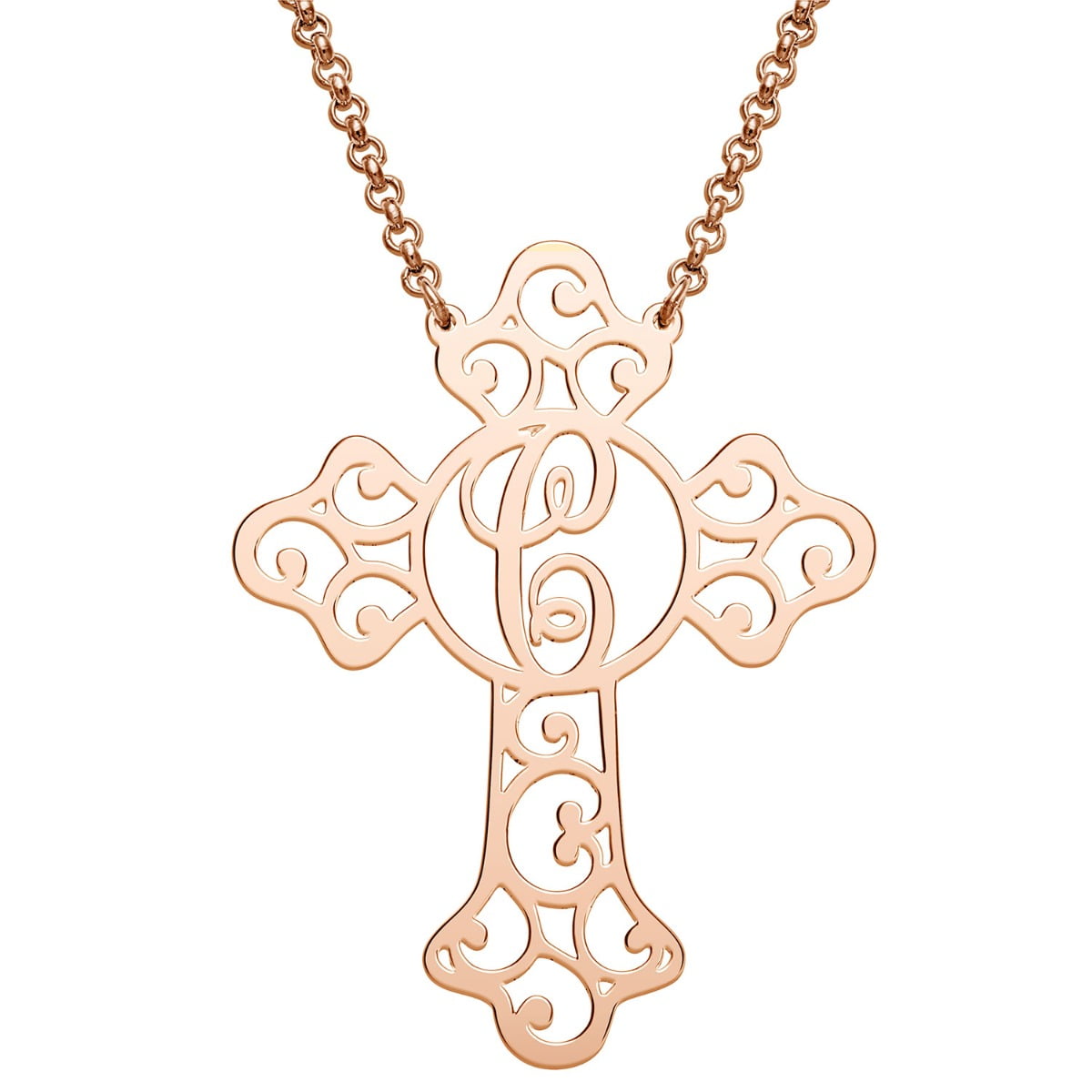 Personalized Planet Rhodium, Gold or Rose Gold Plated Filigree Cross with Initial Necklace ,Women's