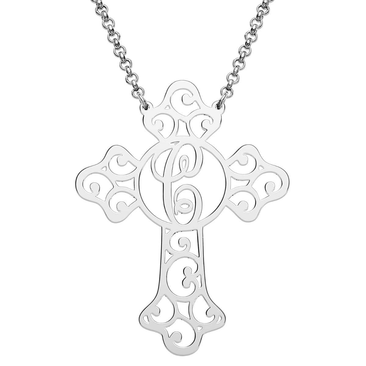 Personalized Planet Rhodium, Gold or Rose Gold Plated Filigree Cross with Initial Necklace ,Women's