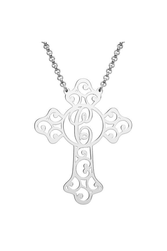 Rhodium, Gold or Rose Gold Plated Filigree Cross with Initial Necklace ,Women's