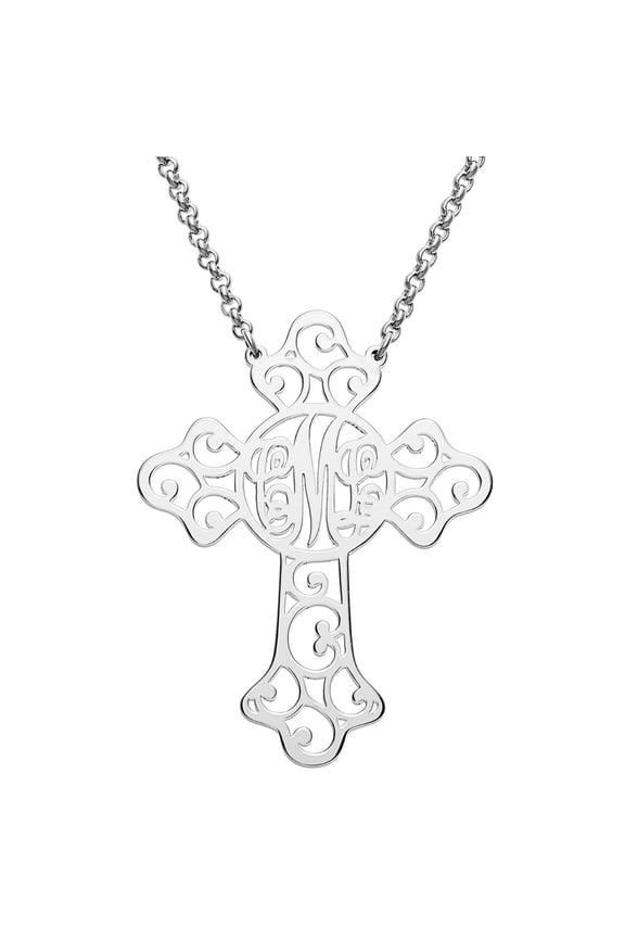 Rhodium, Gold or Rose Gold Plated Filigree Cross with Monogram Necklace ,Women's