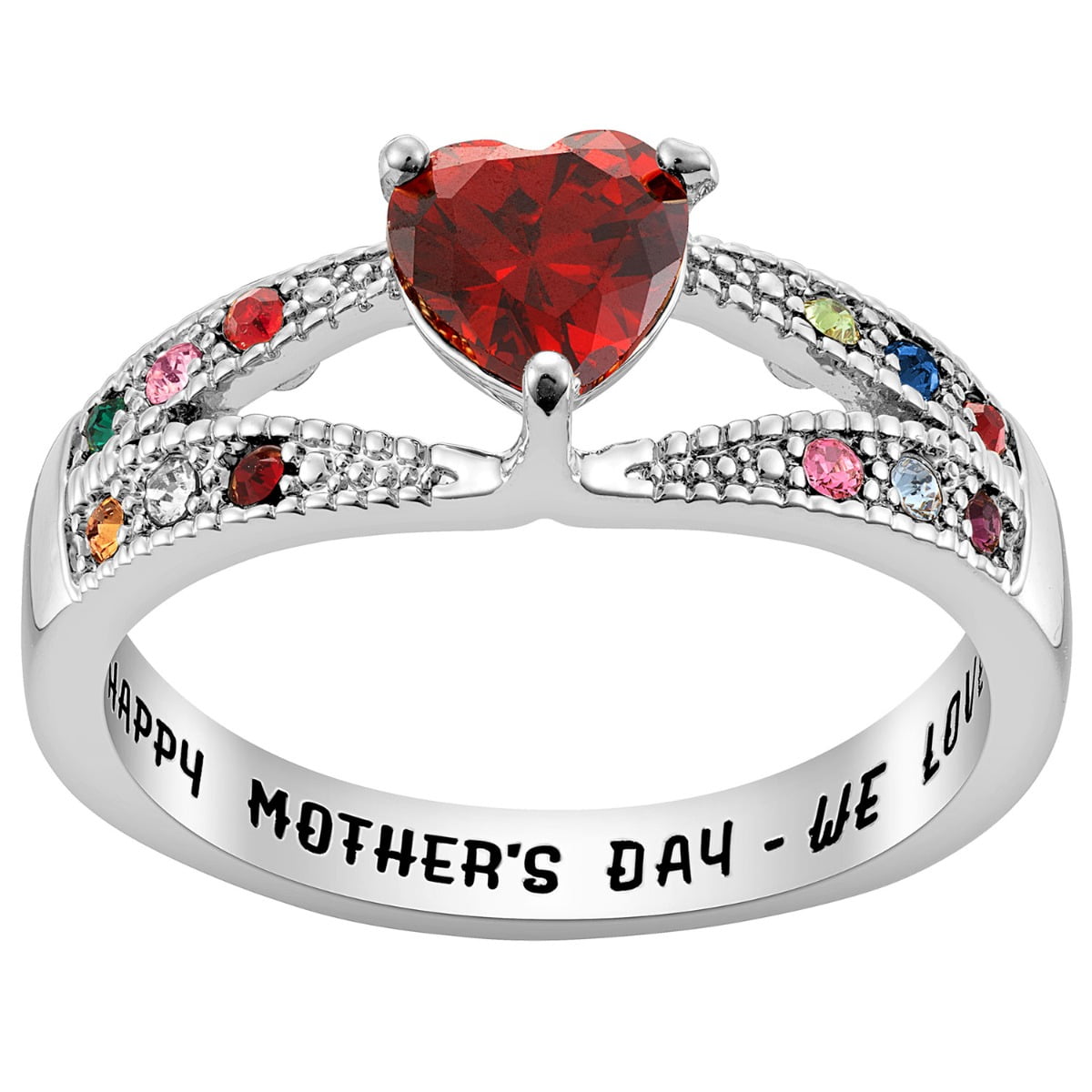 Personalized Planet Rhodium, Gold or Rose Gold Plated Mother/ GrandFamily Heart Family Birthstone Ring ,Women's