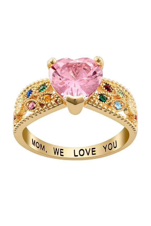 Rhodium, Gold or Rose Gold Plated Mother's Heart Family Birthstone Ring ,Women's