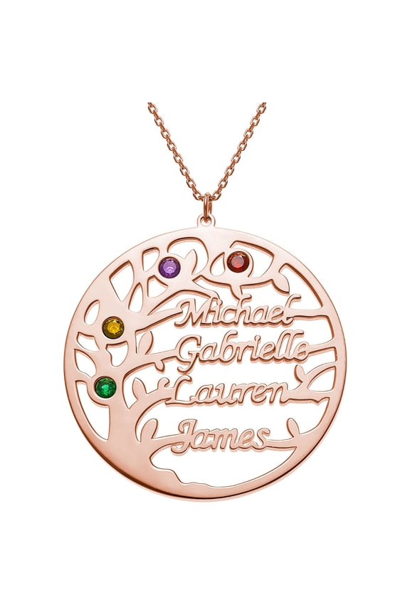 Rhodium, Gold or Rose Gold Plated Name and Birthstone Family Tree Necklace ,Women's