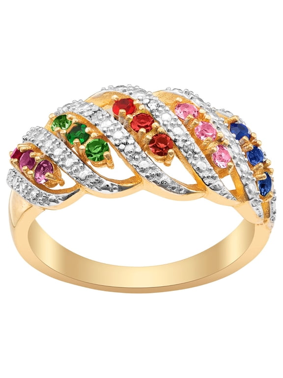Rhodium or Gold Plated Family Birthstone Swirl with Diamond Accent Ring ,Women's