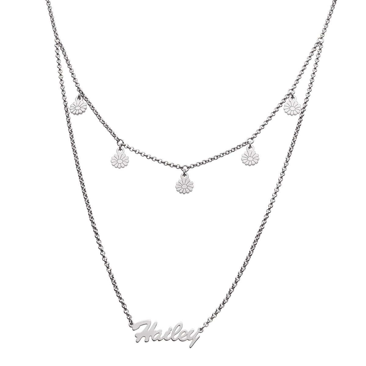 Personalized Planet Rhodium or Gold Plated Layered Name Necklace with Flower Charms ,Women's