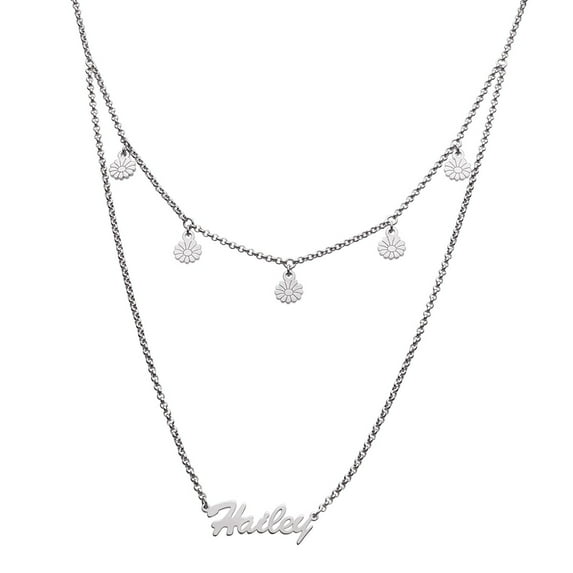 Personalized Planet Rhodium or Gold Plated Layered Name Necklace with Flower Charms ,Women's
