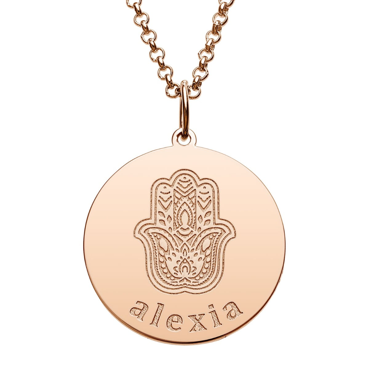 Personalized Planet Rose Goldtone Engraved Name and Hamsa Hand Disc Necklace ,Women's