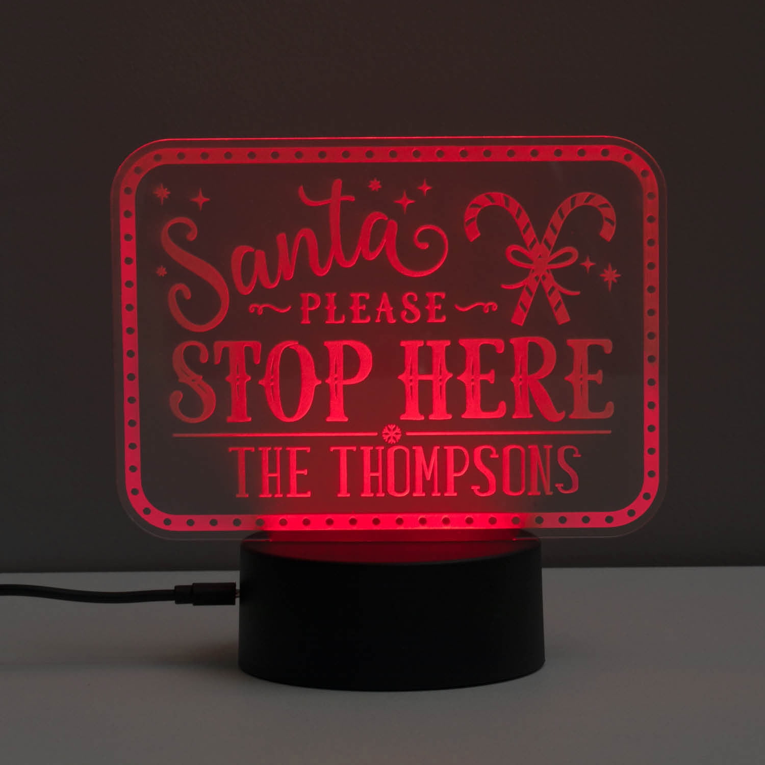 Personalized Planet Santa Stop Here Multicolor LED Christmas Night Light with Custom Name Laser Engraved on Acrylic Design Insert