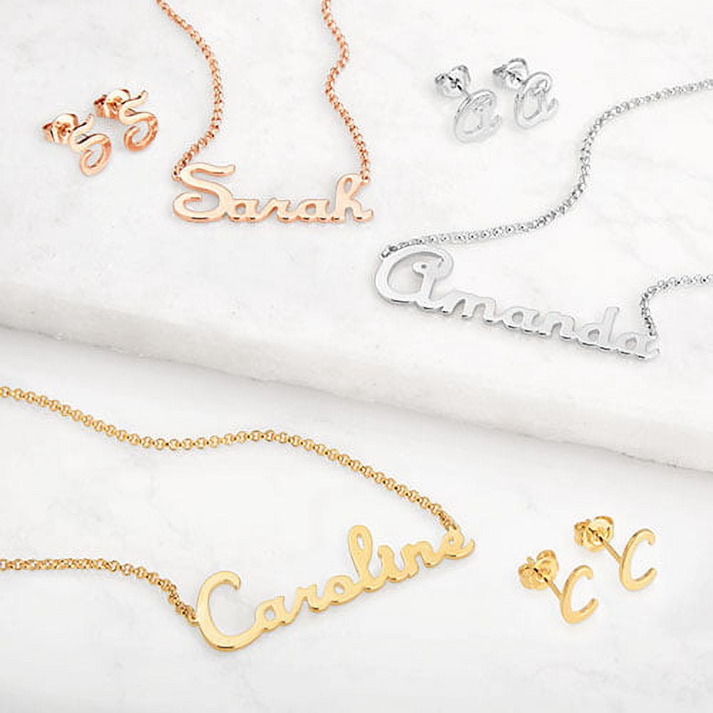 Personalized Planet Script Name Necklace and Initial Earring Set ,Women's