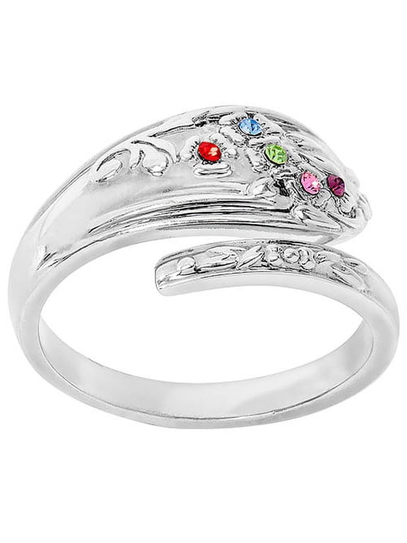 Silver Family Birthstone Bypass Spoon Ring ,Women's
