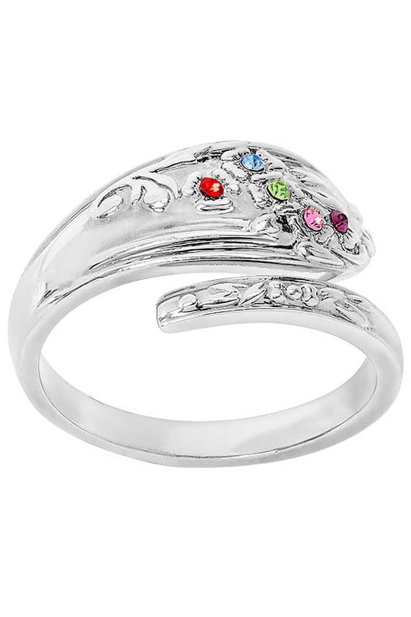 Silver Family Birthstone Bypass Spoon Ring ,Women's