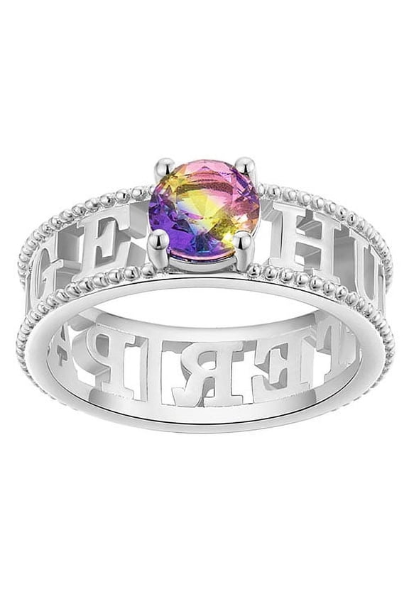 Silver Iridescent Stone Double Name Beaded Ring ,Women's