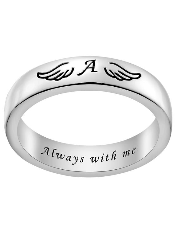 Silver Plated Initial and Angel Wing Memorial Ring ,Women's