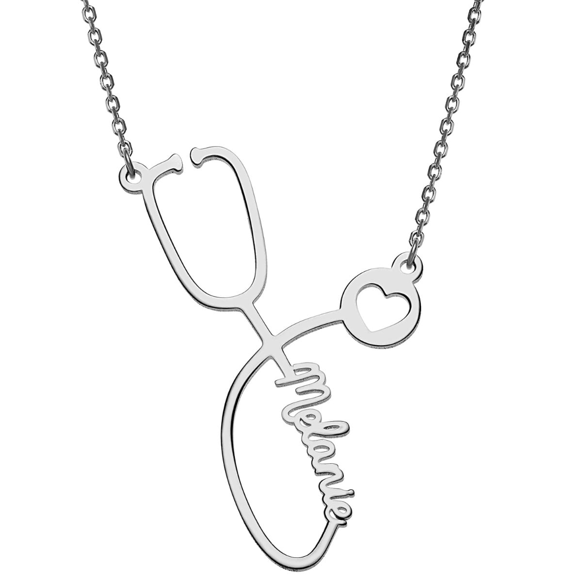 Personalized Planet Silver Plated Script Name Stethoscope with Heart Necklace ,Women's