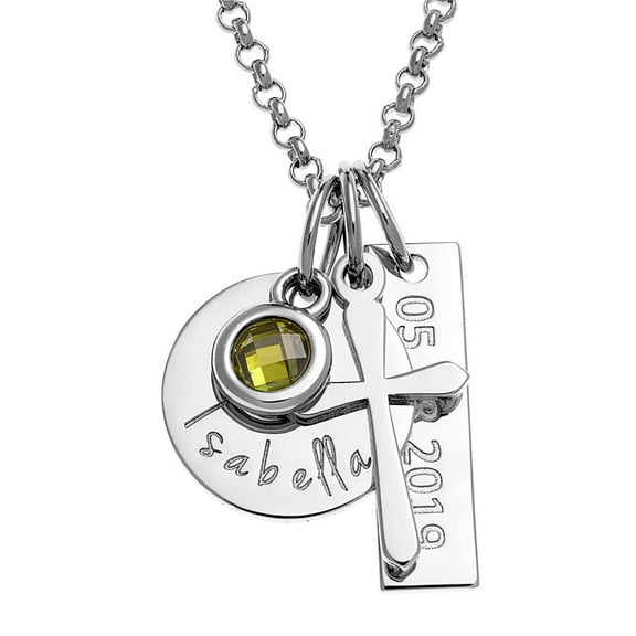 Personalized Planet Silvertone Engraved Name, Date, Birthstone and Cross Cluster Necklace ,Women's