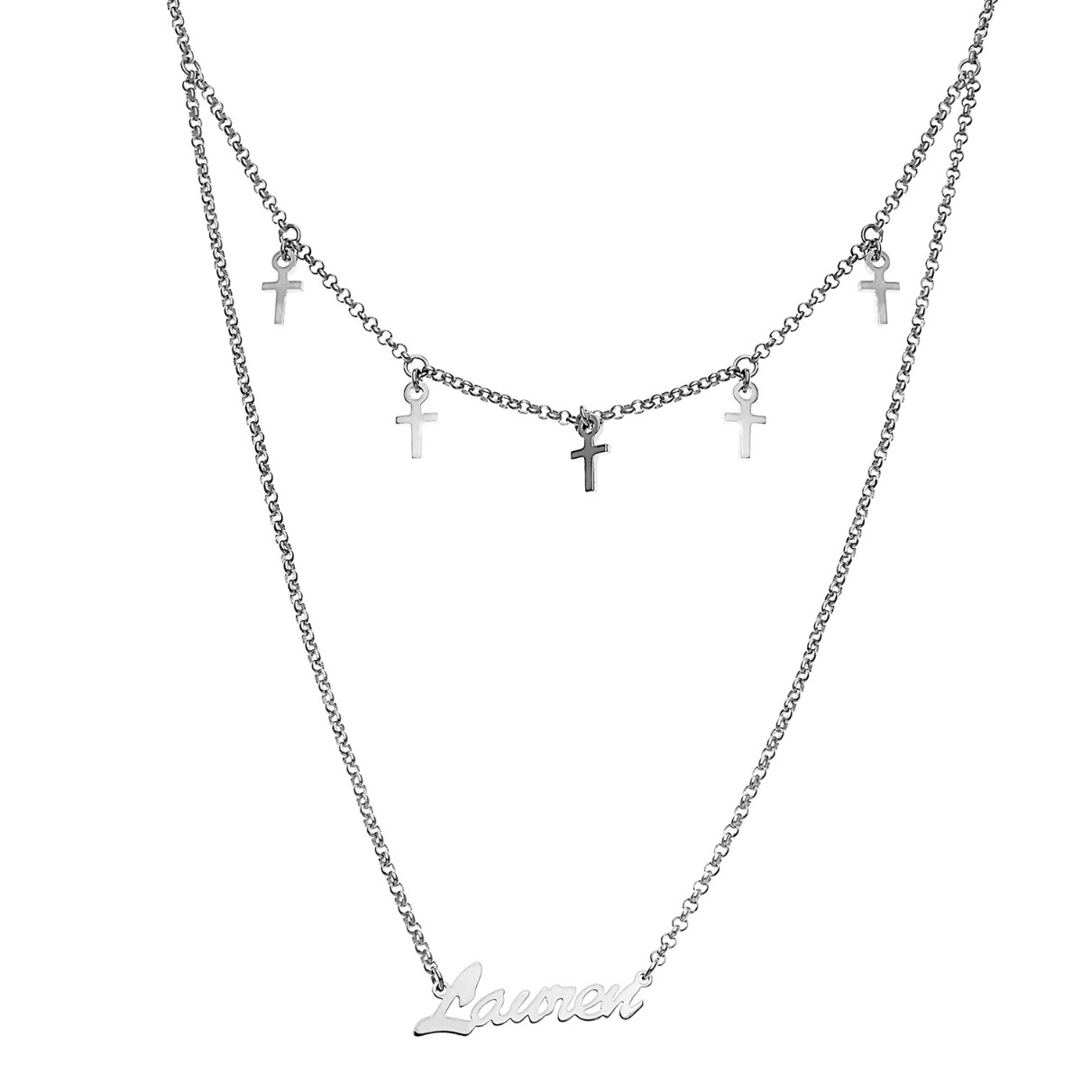 Personalized Planet Silvertone Layered Name Necklace with Cross Charms ,Women's