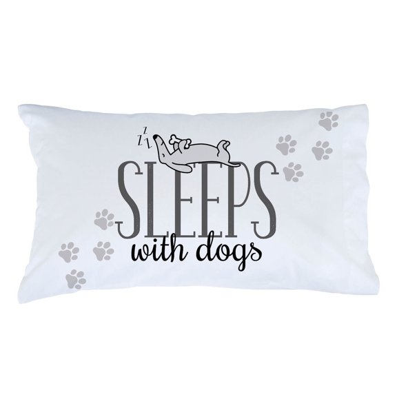 Personalized Planet Sleeps with Dogs Bedroom Pillowcase | Humorous Pillow Cover with Paw Prints and a Sleeping Pooch Holding a Bone | Standard/Queen