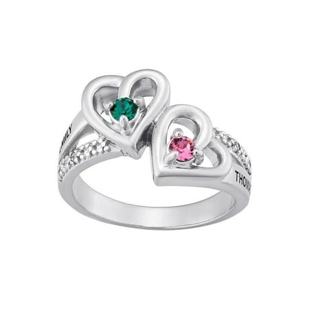 Personalized Planet Sterling Silver Couples Heart Birthstone & Name Diamond Accent Ring ,Women's