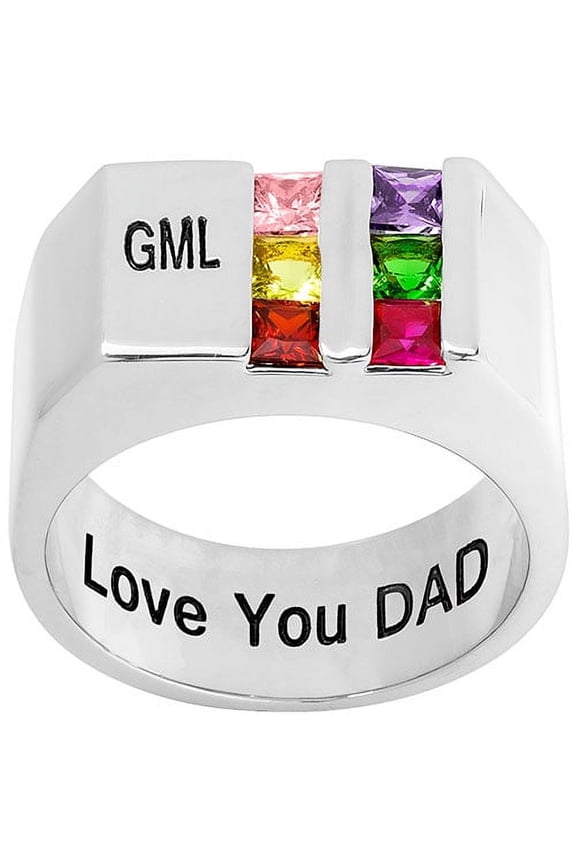 Sterling Silver Engraved Double Row Birthstones Signet Ring ,Women's