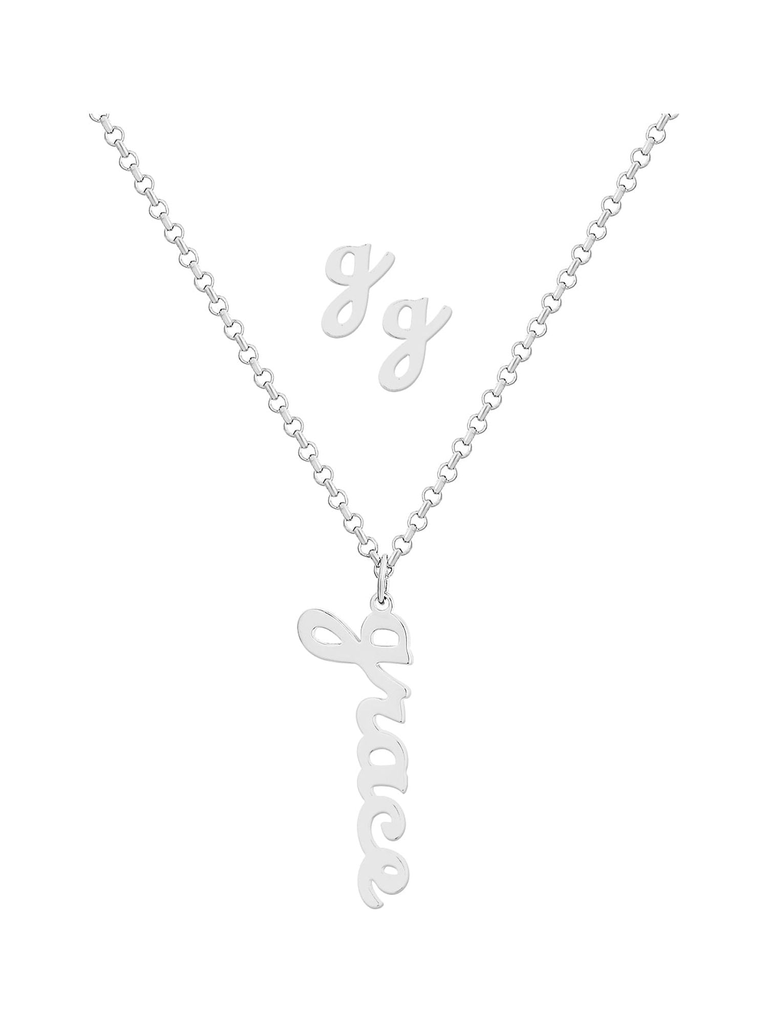 Personalized Planet Sterling Silver Lowercase Script Name Necklace and Initial Earring Set ,Women's