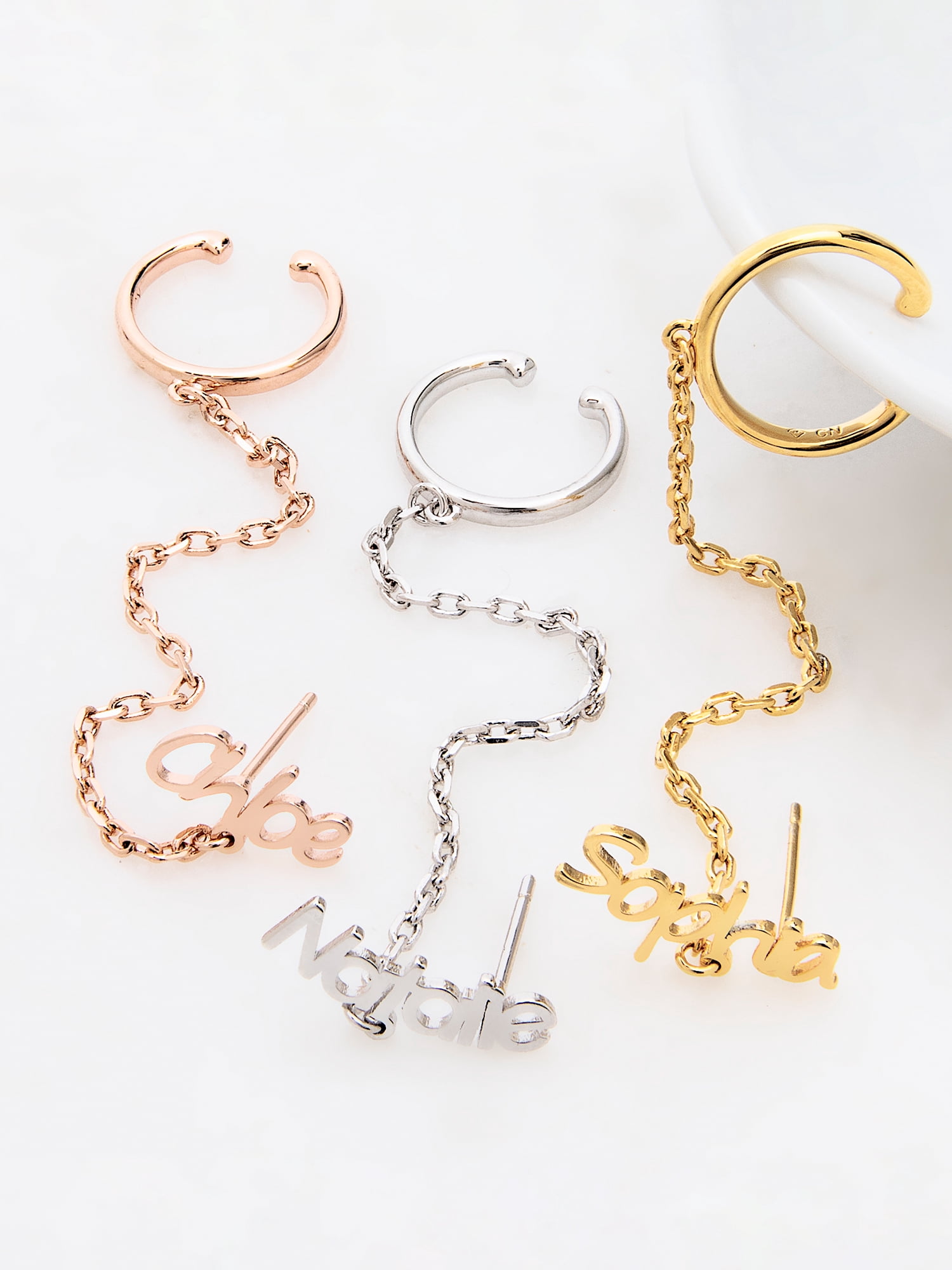 Personalized Planet Sterling Silver Personalized Planet Name Crawler Button with Ear Cuff and Chain Earring ,Women's