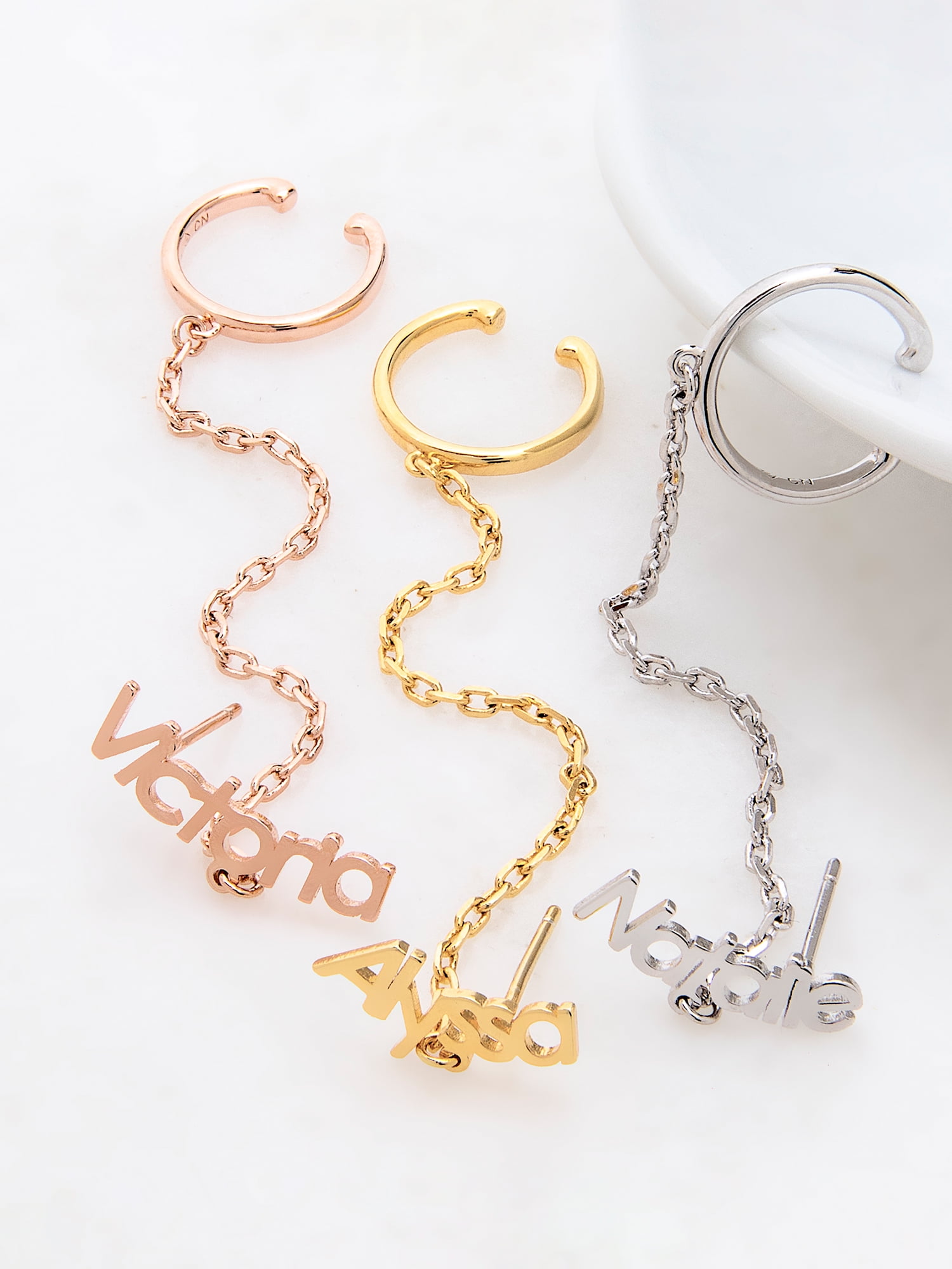 Personalized Planet Sterling Silver Personalized Planet Name Crawler Button with Ear Cuff and Chain Earring ,Women's
