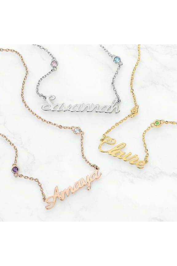 Sterling Silver Petite Script Name and Birthstone Necklace ,Women's