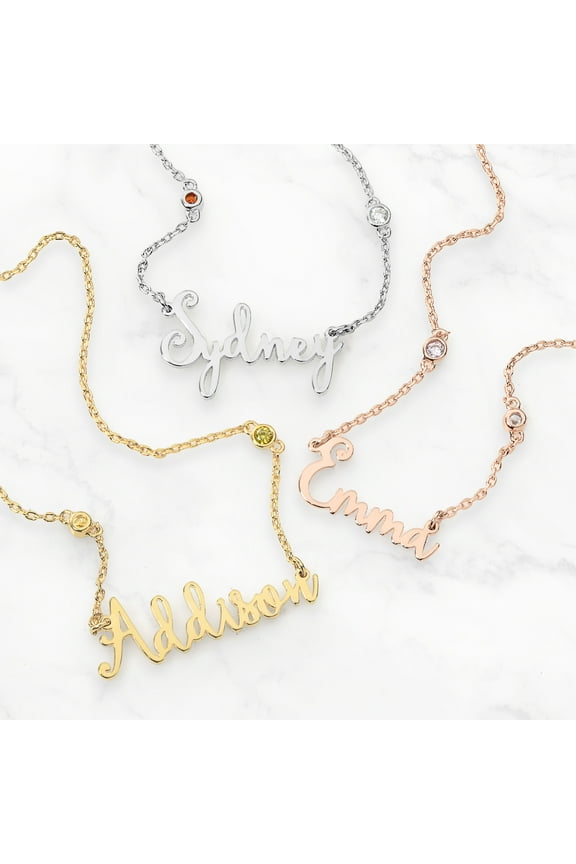 Sterling Silver Whimsical Script Name and Birthstone Necklace ,Women's