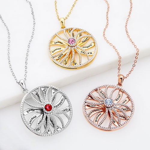 Personalized Planet Women's 3-D Engraved Starburst with Birthstone Spinner Necklace