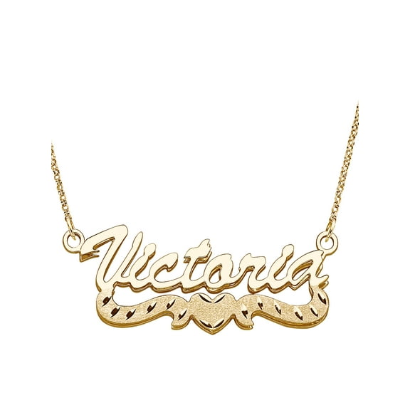 Personalized Planet Women's 3D Double Stacked 14kt plated Script Nameplate with Diamond-Cut Heart Tail, 18"