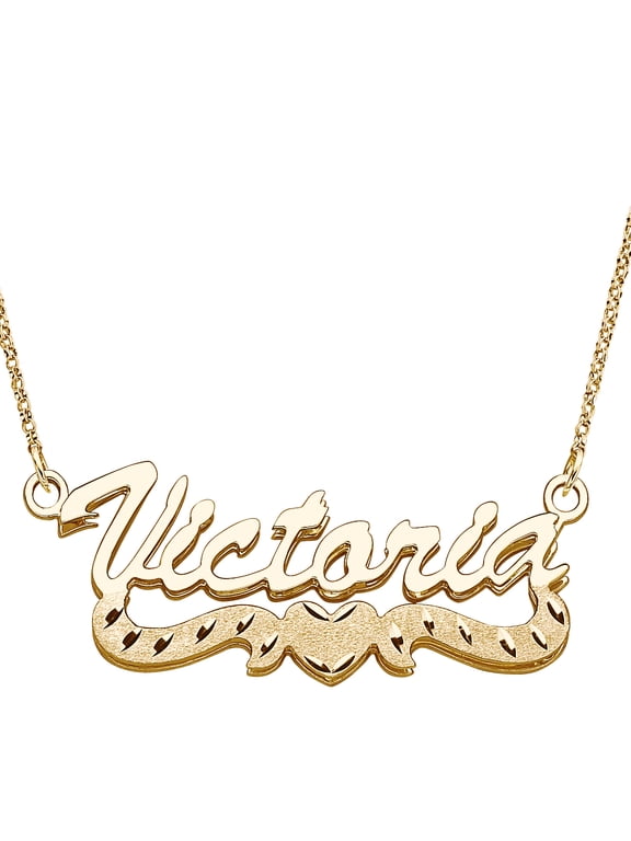 Women's 3D Double Stacked 14kt plated Script Nameplate with Diamond-Cut Heart Tail, 18"
