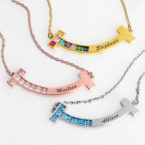 Personalized Planet Women's Birthstone and Engraved Curved Bar Necklace