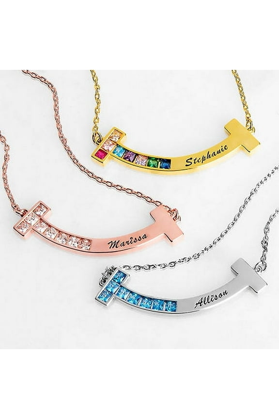 Women's Birthstone and Engraved Curved Bar Necklace