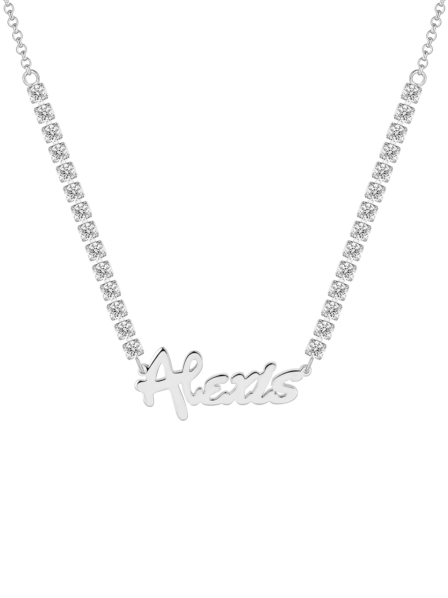 Personalized Planet Women's Bold Script Name Plaque CZ Chain Necklace