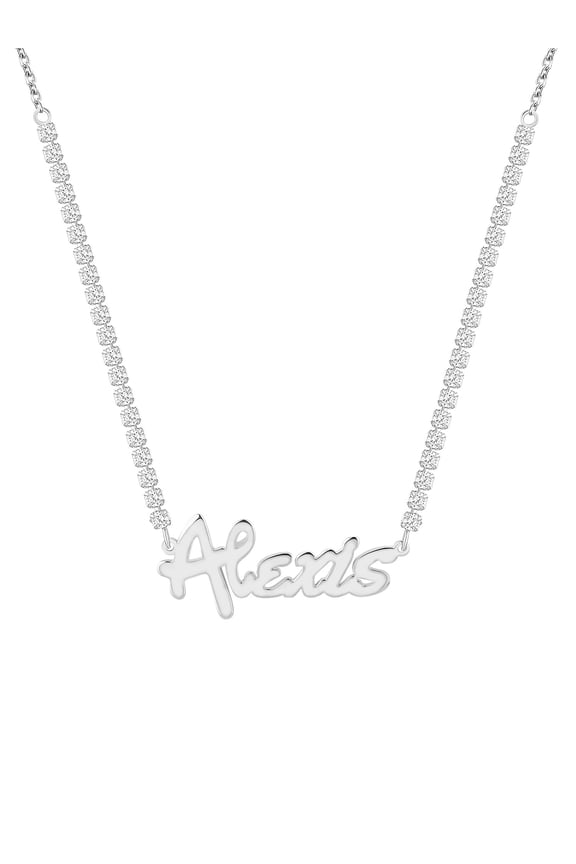 Women's Bold Script Name Plaque CZ Chain Necklace
